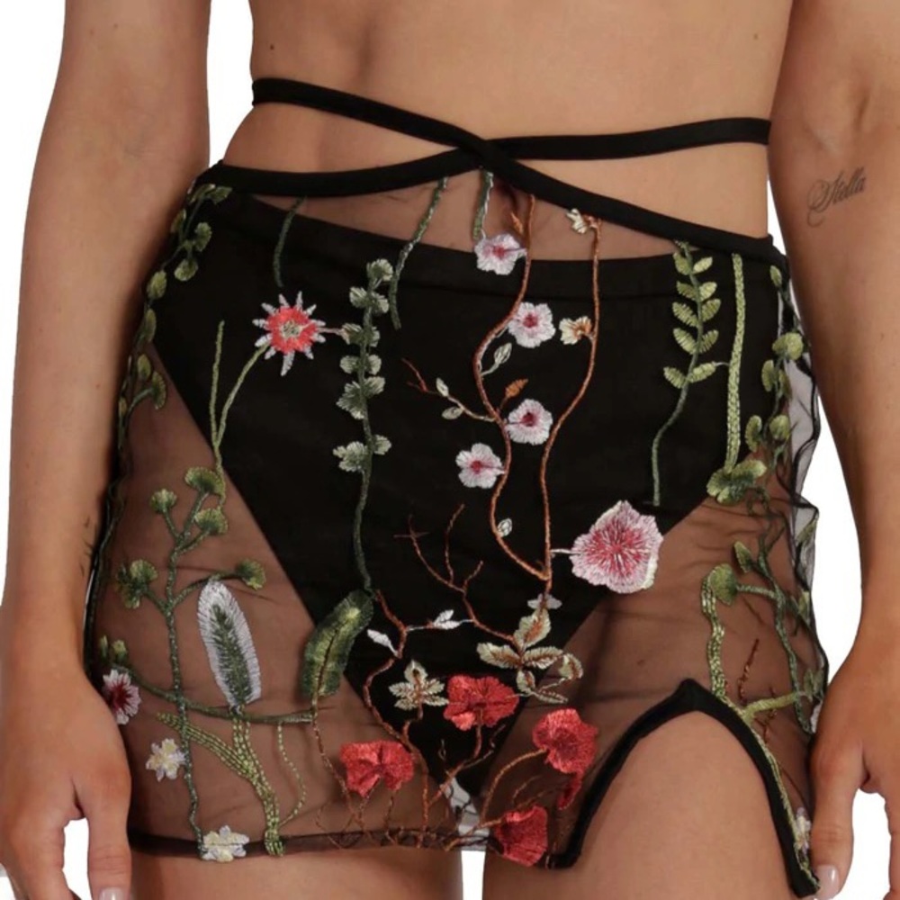 iHeartRaves Lace Flowerfields Strappy Mesh Mini Skirt